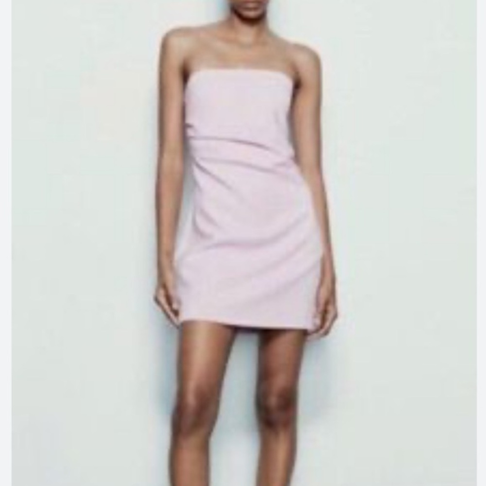 Zara Soft Pink Strapless Mini Dress With Ruching Size Large